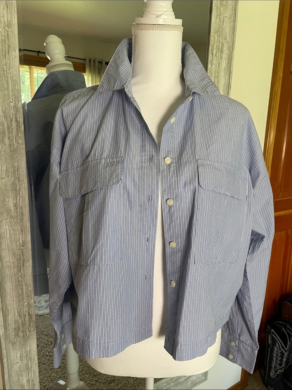 LOFT Blue and White Pinstripe Button-Down Shirt